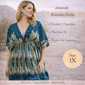 Angie Kimono Dress Boho Double V Neck Empire Waist Size 1X Festival Vacation